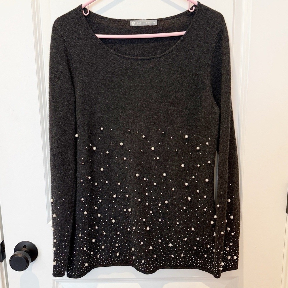 Womens Cashmere Grey Beaded Sweater Medium Quiet Luxury Lightweight Holiday